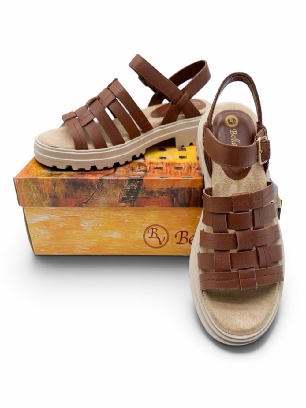 Bella Vita Loni Leather Fisherman Lug Sole Sandals Strappy Dark Tan Brown 8 NEW